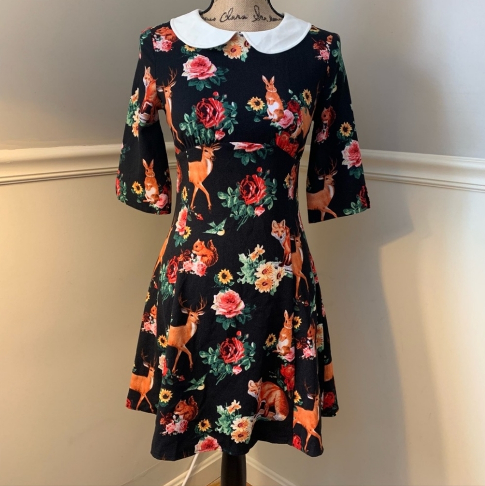 Hell Bunny Woodland Creature Vintage Retro 60s Style mini dress w/collar XS